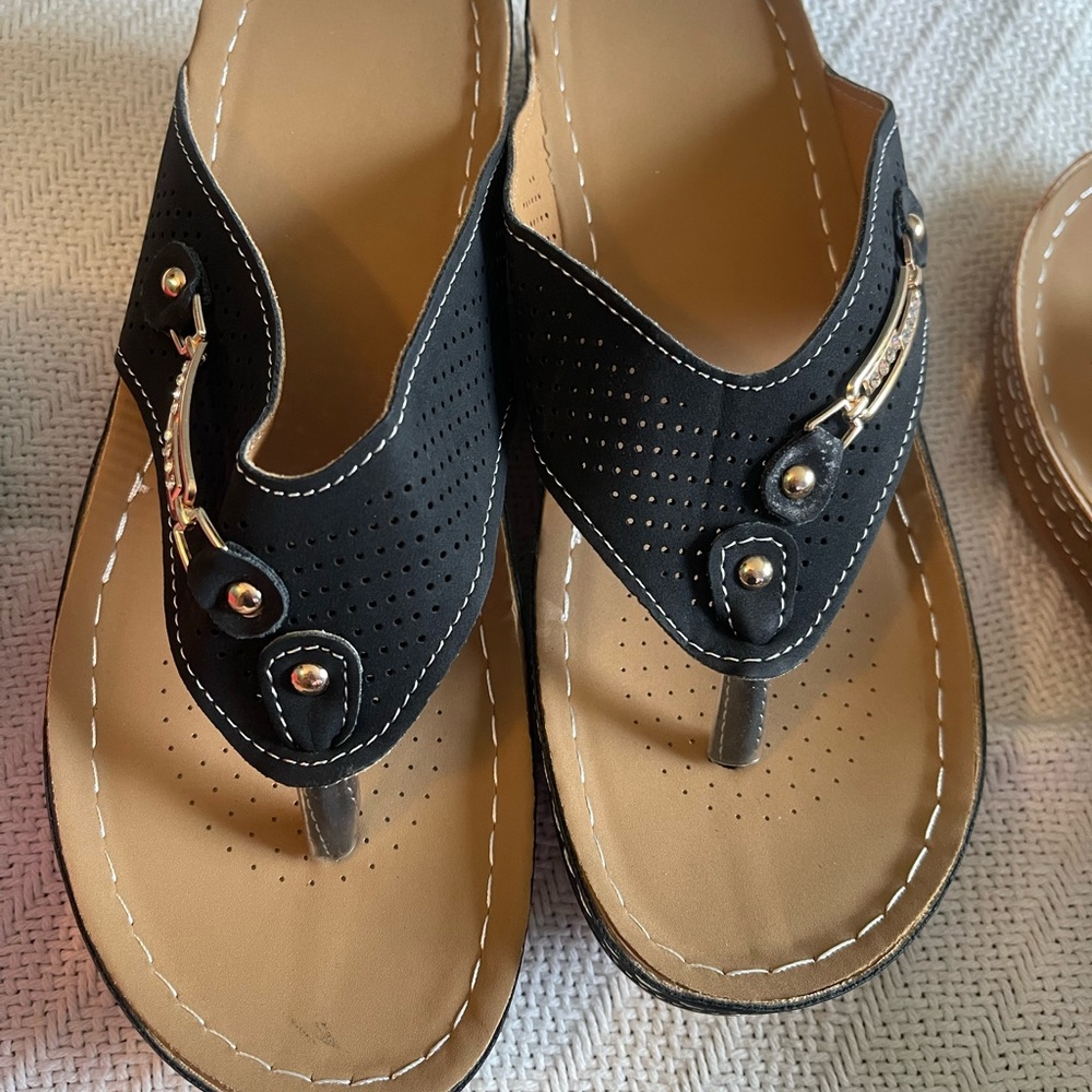 Black and Tan Studded Sandals with Textured Upper